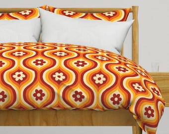 Flower Power Bedding - Groovy Daisy Ogee  by de_koro - Yellow Floral Red Retro Ogee Cotton Sateen Duvet Cover OR Pillow Shams by Spoonflower