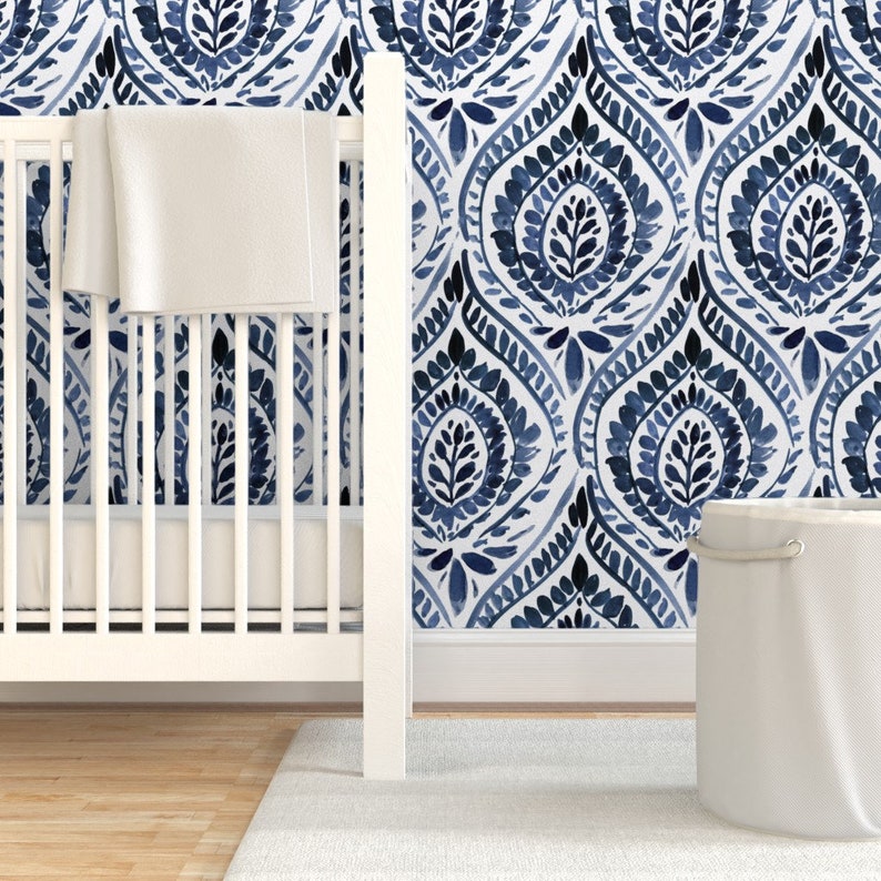 Indigo Blue Commercial Grade Wallpaper Bohemian Foliage by Etsy