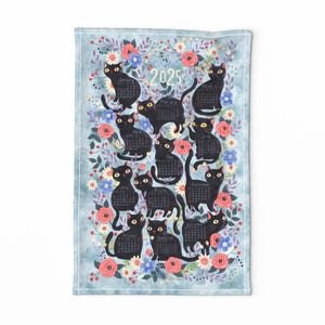 Theedoek kalender 2025 - Black Cats by gaiamarfurt - Theedoek Cat Kitchen Black Cat bloemen linnen katoenen canvas theedoek by Spoonflower