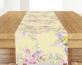 Spring Roses Table Runner - Buttercup Toile by lilyoake - Easter Toile Wedding Rococo Cottagecore  Cotton Sateen Table Runner by Spoonflower