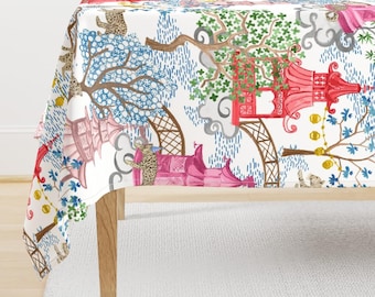 Pagoda Forest Tablecloth - Party Leopards Blue by danika_herrick - Chinoiserie Leopards Bright Trees Cotton Sateen Tablecloth by Spoonflower