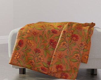 Orange Floral Throw Blanket - Winter Garden On Burnt Orange by imapatternjunkie - Red Olive Green Throw Blanket with Spoonflower Fabric