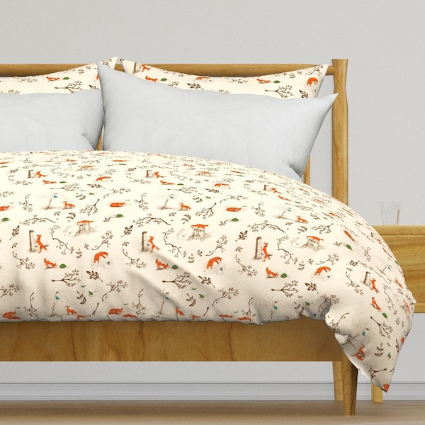 Fox Flower Bedding - Fox Toile by rose'n'thorn - Fox Rose Botanical Woodland Orange Cotton Sateen Duvet Cover OR Pillow Shams by Spoonflower