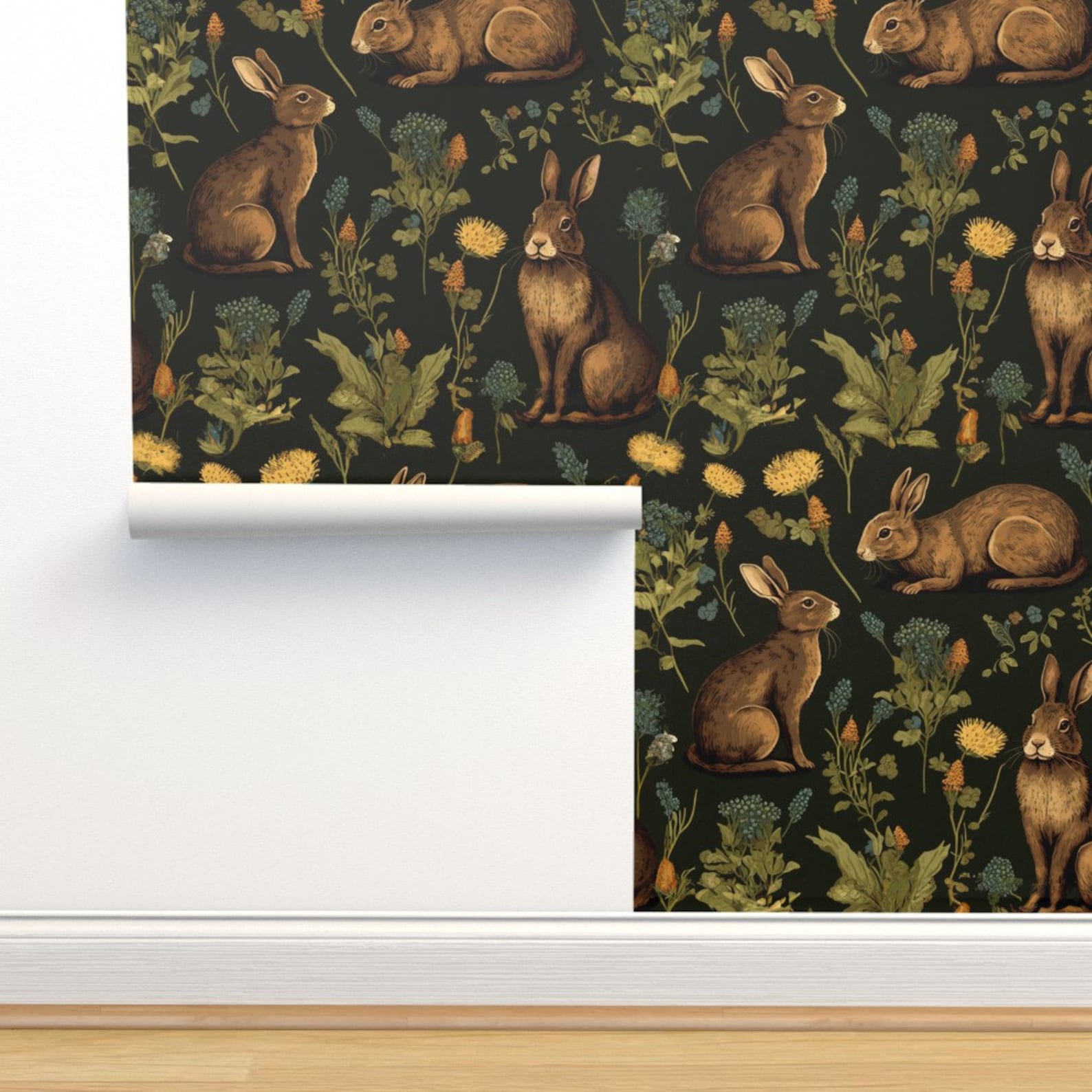 Medieval Rabbit Non-pasted Wallpaper Woodland Bunny Fern Botanical ...