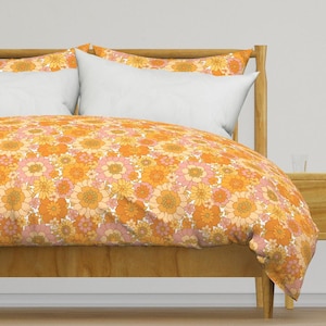 1970s Floral Bedding - Avery Retro Floral On White by red_raspberry_design - Orange Retro Flowers Cotton Sateen Duvet Cover OR Pillow Shams