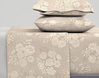 Vintage Peony Sheets - Delores Neutral by scarlet_soleil - Country Floral Botanical Neutral Cotton Sateen Sheet Set Bedding by Spoonflower
