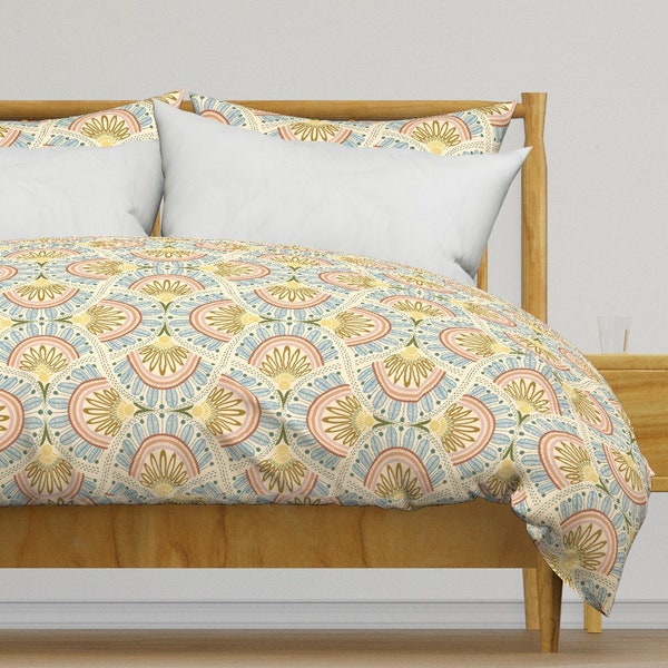 Vintage Boho Bedding - Retro Floral Arches by kirstudio - Bohemian Delicate Pastels Cotton Sateen Duvet Cover OR Pillow Shams by Spoonflower