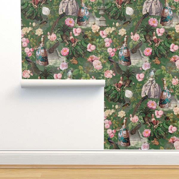 Redout Garden Commercial Grade Wallpaper - Marie In Her Garden by utart - Rococo Vintage Style Roses Wallpaper Double Roll by Spoonflower