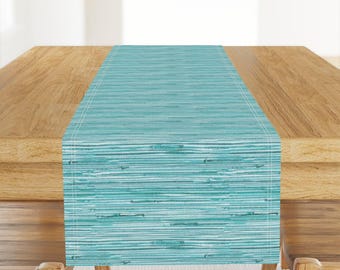 Teal Coastal Table Runner - Rustic Stripe Aqua Blue Beach House Blue And White Cotton Sateen Table Runner - Turquoise Blue by eti_enne