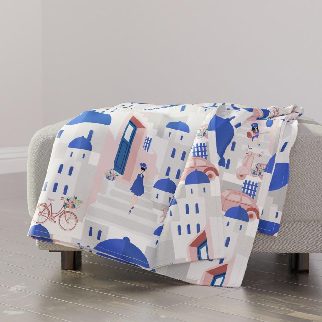Travel Throw Blanket - Santorini Scene by pallavi_chaudhary - Vacation Mediterranean Greece Holiday Throw Blanket with Spoonflower Fabric