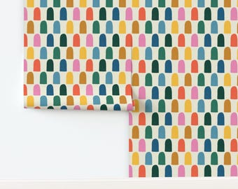 Boho Blocks Non-Pasted Wallpaper Rustic Rainbow Arches Cream Orange Blue - Rustic Rainbow Arches by averly_designs Wallpaper by Spoonflower