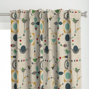Mid Century Modern Curtain Panel - Birdland In Green by vo_aka_virginiao - Retro Geometric Nursery Custom Curtain Panel by Spoonflower