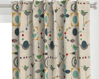Mid Century Modern Curtain Panel - Birdland In Green by vo_aka_virginiao - Retro Geometric Nursery Custom Curtain Panel by Spoonflower