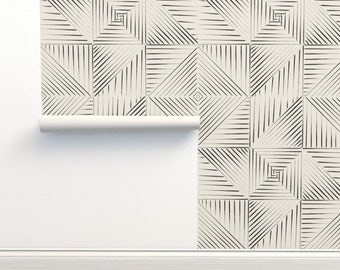 Geometric Non-Pasted Wallpaper Black Cream Triangle Line - Rustic Geometric by leannefriedberg Wallpaper Double Roll by Spoonflower