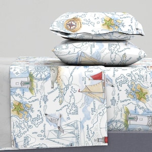 Maritime Bettwäsche - Sail Away Map von felicity_jane_design - Handgezeichnete Sea Life Strand Kompass Baumwollsatin Bettwäsche Set Bettwäsche von Spoonflower