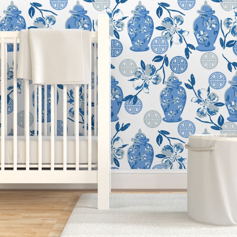 Chinese Inspired Wallpaper Blue Vases by Aliwilkinsondesigns | Etsy