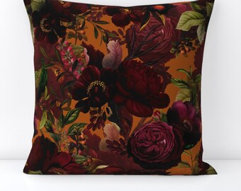 Moody Rust Rose Throw Pillow - Romantic  Chintz Maximalism Bold Floral Decorative Square Throw Pillow - Maximalist Burgundy Floral by utart