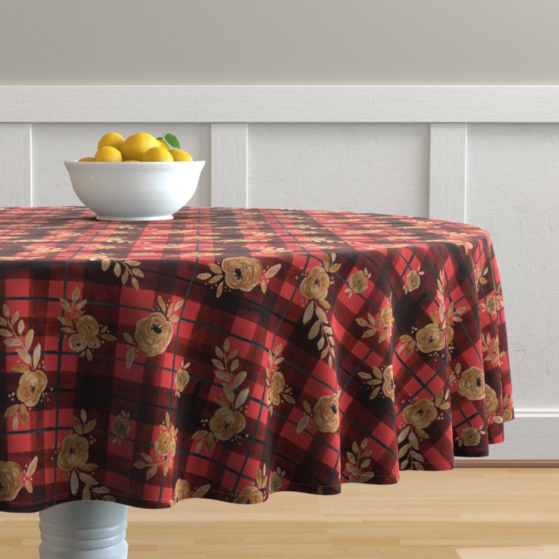Red Plaid Round Tablecloth Gold Rose Holiday Tartan by Etsy