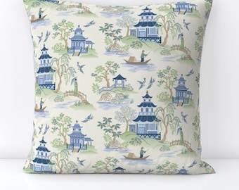 Almofada decorativa Chinoiserie - Pagode, inspiração asiática, Toile, paisagem, almofada decorativa quadrada tradicional - Chinoiserie por barbarapixton