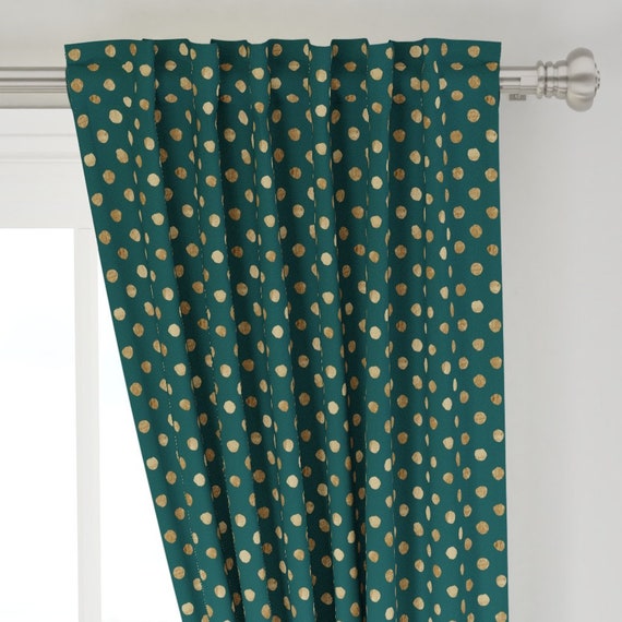 Polka Dot Curtain Panel Gold Dot Deep Blue Green By Etsy