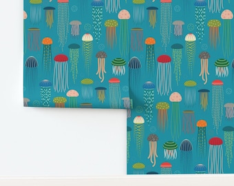 Colorful Jellyfish Non-Pasted Wallpaper Coastal Nautical Aqua Beach Ocean Seaside - Just Jellies by katerhees Wallpaper by Spoonflower