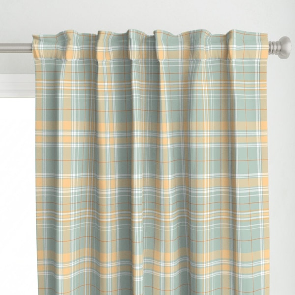 Faded Tartan Curtain Panel - Baby Blue Plaid by aygeartist - Sage Dusty Blue Soft Orange Pastel Faded Custom Curtain Panel by Spoonflower