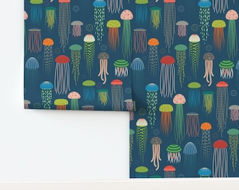 Colorful Non-Pasted Wallpaper Under The Sea Jelly Fish Tentacle - Just Jellies - Lighter Blue Bkgd by katerhees Wallpaper by Spoonflower