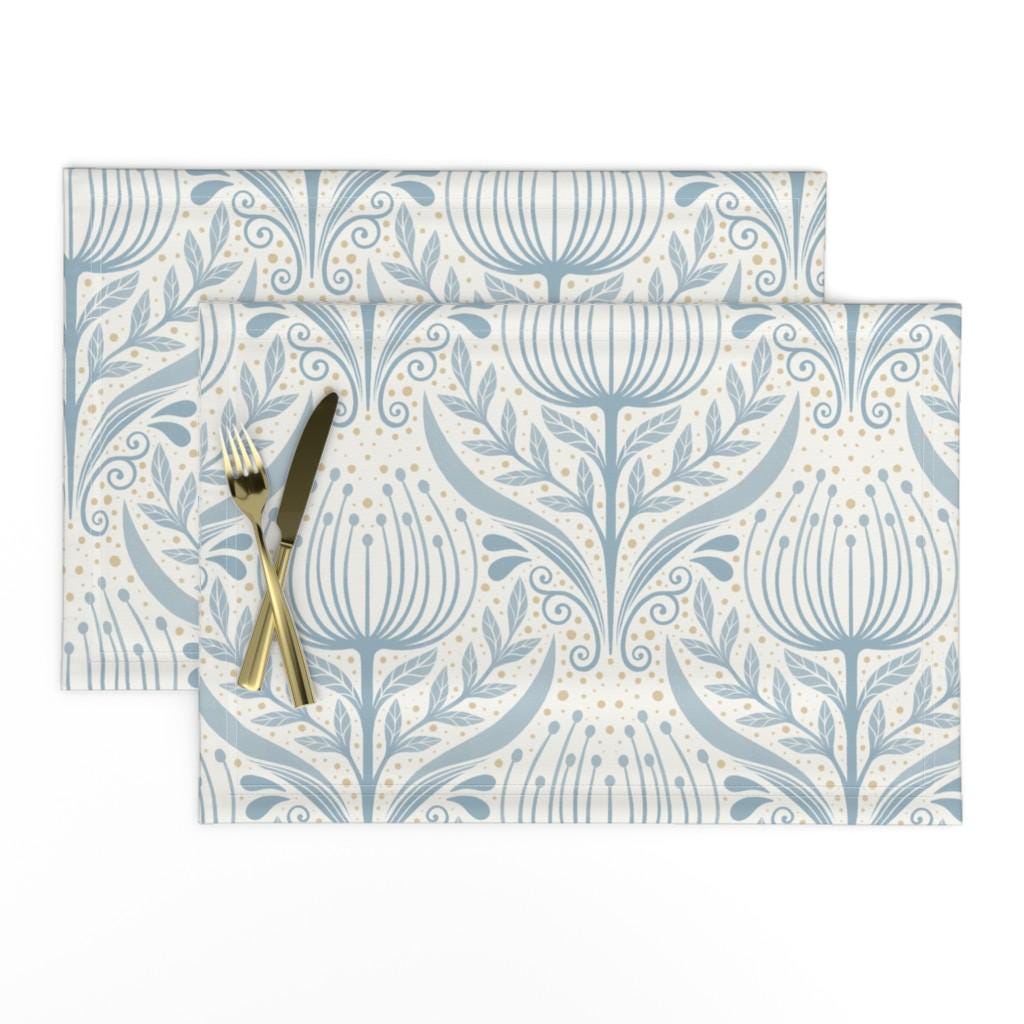 Floral Blue Damask Placemats (Set of 2) - Serene Garden by cuteteez - Scandi Folk Flower Botanical Vine Cloth Placemats by Spoonflower