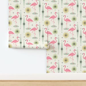 Retro Flamingo Non-Pasted Wallpaper Mod Kitsch Mid Century Modern Retro 1960s - Retro Flamingo by studioxtine Wallpaper by Spoonflower