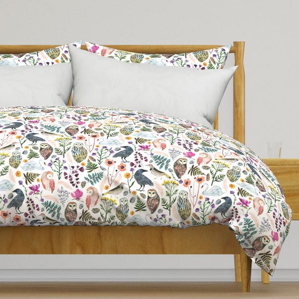 Watercolor Owls Bedding - Lucid Dreams by zoe_ingram - Woodland Floral  Cotton Sateen Duvet Cover OR Pillow Shams by Spoonflower