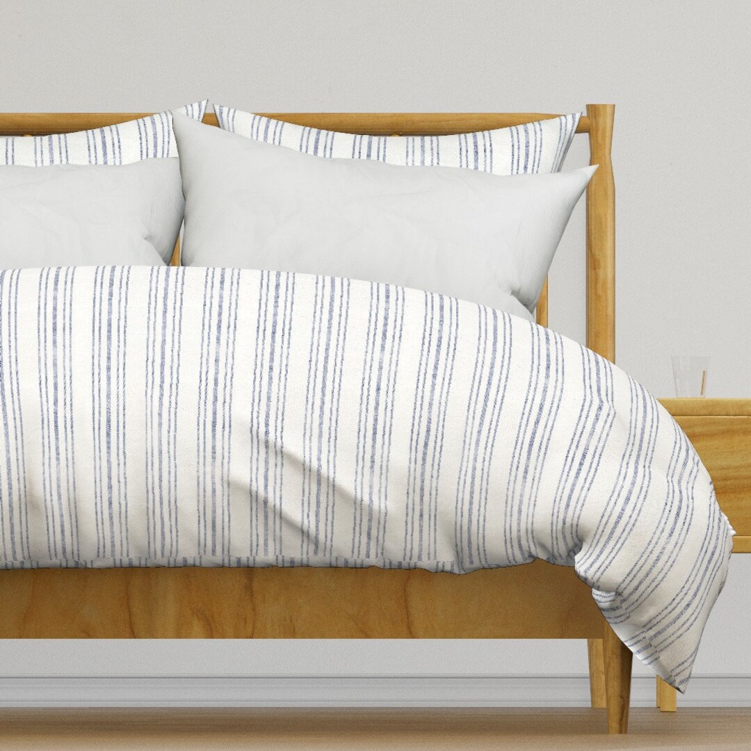 Blue French Ticking Bedding Aegean Ticking Stripe by Holli_zollinger Farmhouse Cotton Sateen