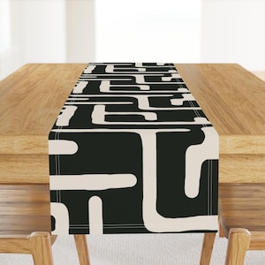 African Geometric Table Runner - Kuba Dark Green by domesticate - Abstract Lines Beige Geo Lines Cotton Sateen Table Runner by Spoonflower