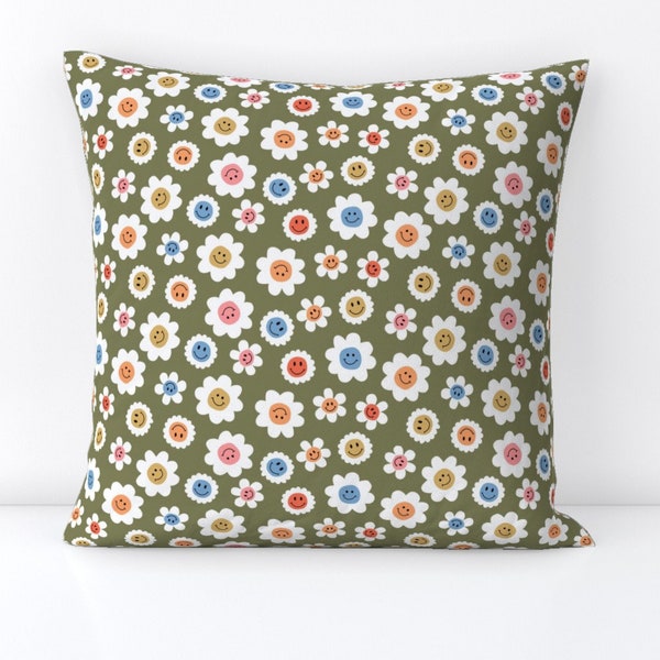 Retro Smiley Floral Throw Pillow - Smiley Flowers by hey_cute_design - Small Scale  Y2k Daisy Decorative Square Throw Pillow by Spoonflower