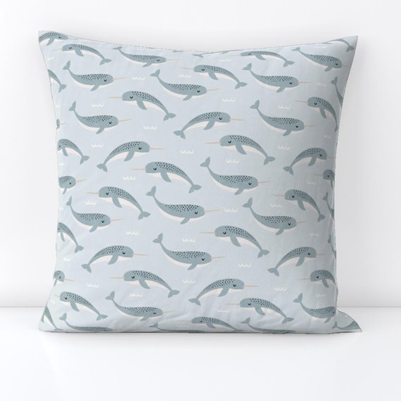 Little Blue Narwhal Throw Pillow Narwhals by Kimsa Ocean