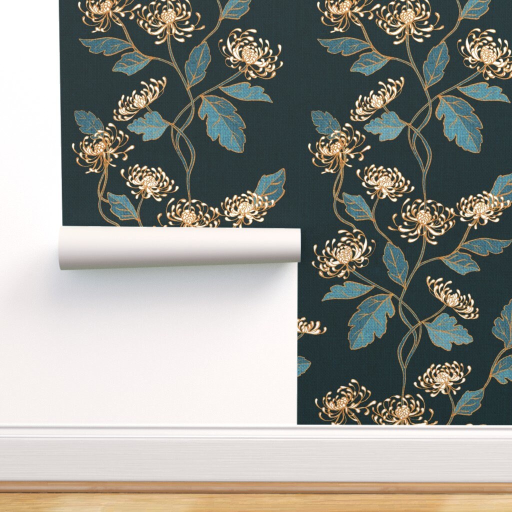 Teal Art Nouveau Wallpaper Chrysanthemum Nouveau by Etsy