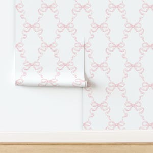 Pink Trellis Non-Pasted Wallpaper Ribbons Feminine Ballet Pink And White Girly - Hannah Ribbon by danika_herrick Wallpaper by Spoonflower