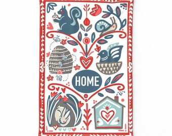 Folk Art Tea Towel - Home by leticia_plate - Squirrel Acorn Bird Nest Rabbit Warren House Heart Linen Cotton Canvas Tea Towel by Spoonflower