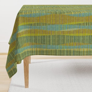 Mid Century Modern Tablecloth - Olive Lines by theodesign - Olive Green Aqua Retro 1960s Atomic Era Cotton Sateen Tablecloth by Spoonflower