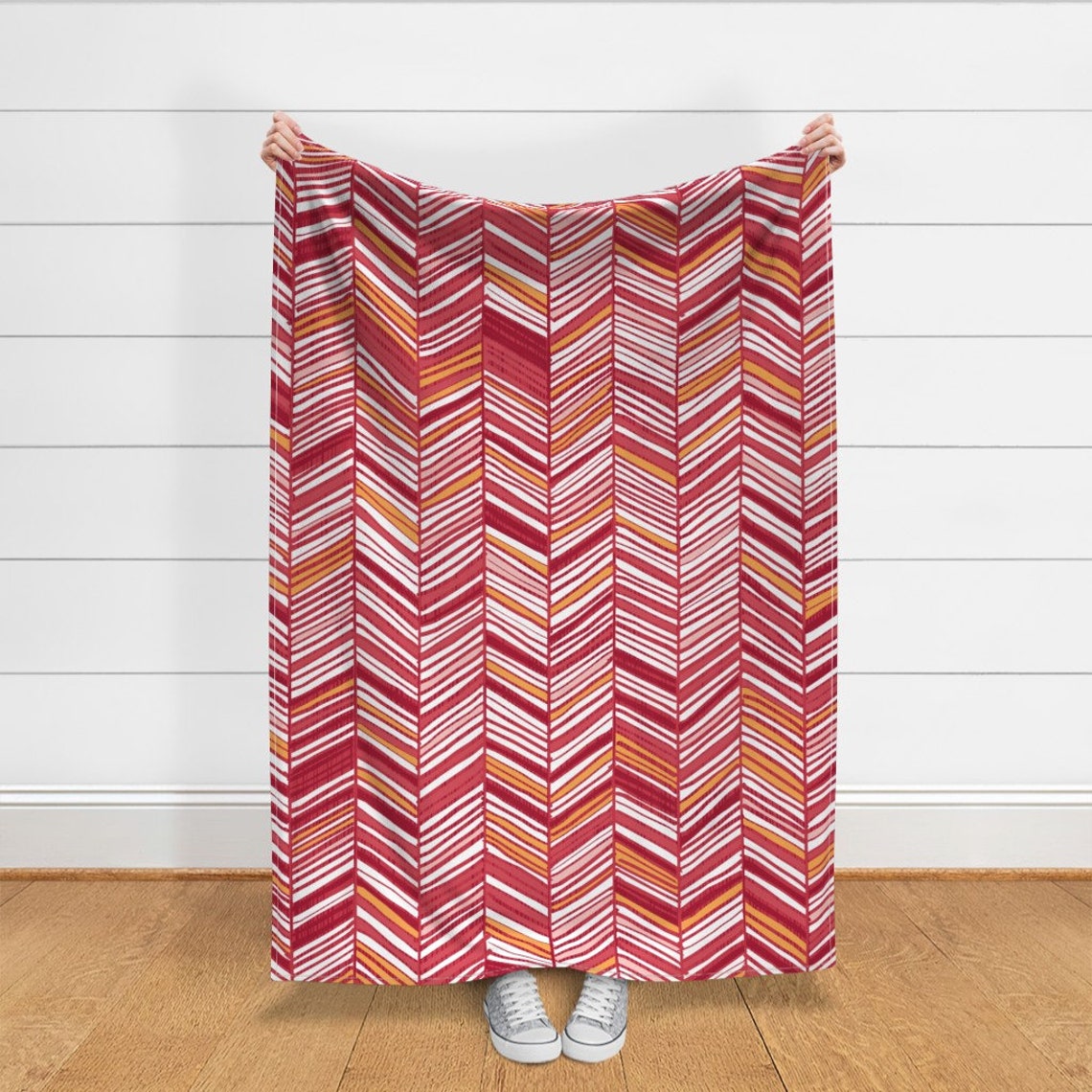 Geometric Throw Blanket Herringbone Hues In Red & White by Etsy