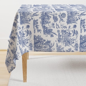 Traditional Toile Tablecloth - Toile by peacoquettedesigns - French Romantic Blue And White Blue Cotton Sateen Tablecloth by Spoonflower