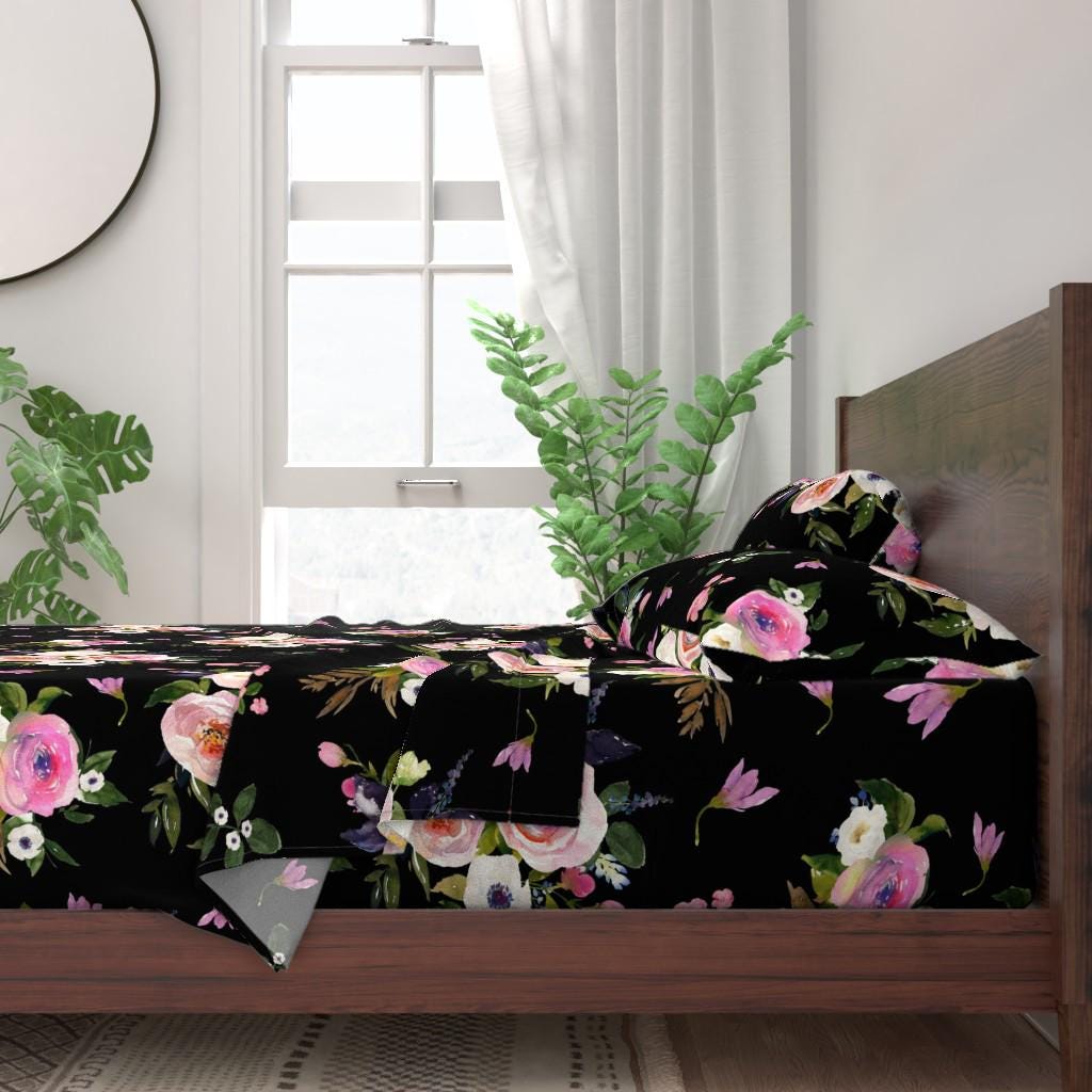 Watercolor Roses Sheets - Colette Blooms Black by Shopcabin - Romantic ...