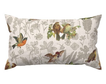 Cuscino lombare vintage - Fiori Natura Uccelli Bosco Giardino Cuscino decorativo rettangolare in lino - Uccelli Off The Wall Toile di mypetalpress
