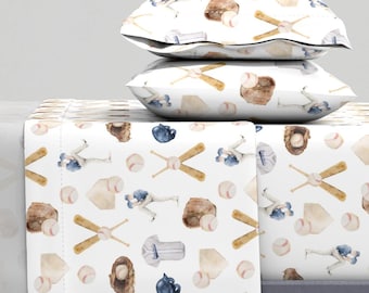 Baseball Watercolor Sheets - Slugger by maddie_ro - Summer Sports Batter Up Bat Ball Cotton Sateen Sheet Set Bedding by Spoonflower