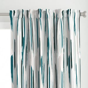 May include: Teal and gray abstract patterned curtain panel. The pattern resembles brushstrokes.