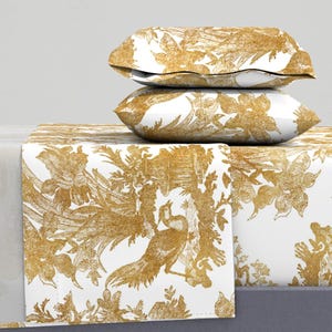 Toile Sheets - Chinoiserie Toile by peacoquettedesigns - Chinoiserie Asian Gold White Chinese Cotton Sateen Sheet Set Bedding by Spoonflower