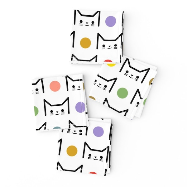 Colorful Mod Cats Cocktail Napkins (Set of 4) - Playful Cats by patricia_lima - Geometric White Black Kawaii Cloth Napkins by Spoonflower