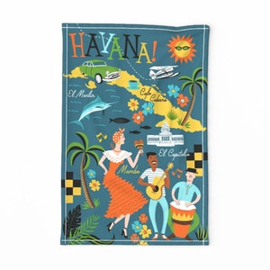 Reisegeschirrtuch - Havanna von ruby_ritz - Kuba Vintage Retro Kaffee Tropisch Palmen Karte Leinen Baumwolle Geschirrtuch von Spoonflower