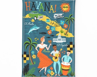 May include: A colourful illustration of Havana, Cuba, featuring a woman dancing, a man playing a guitar, and a man playing drums. The illustration includes the text "HAVANA!" and other landmarks such as "El Capitolio" and "Cafe Cubano".