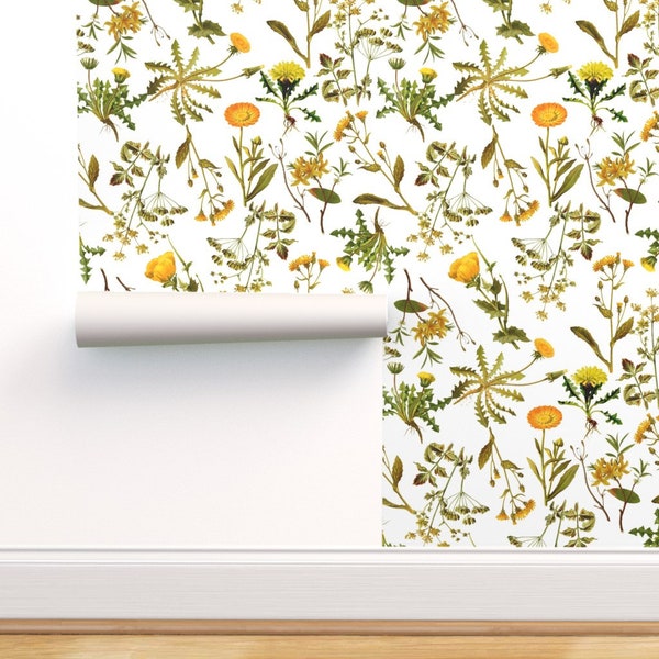 Dandelions Commercial Grade Wallpaper - Yellow Botanical Wildflowers by utart - Vintage Farmhouse  Wallpaper Double Roll by Spoonflower