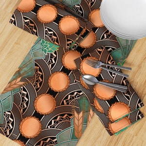 Art Deco Table Runner - Faux Copper Patina Bottlecaps Verdigris Cotton Sateen Table Runner - Deco Hops And Barley by ghouk image 3